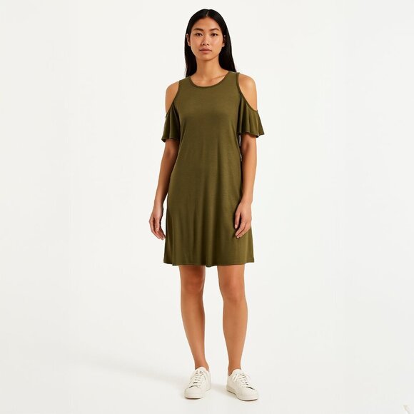 Pull & Bear Womens XS Cold Shoulder Dress Army Green Summer - Picture 1 of 6